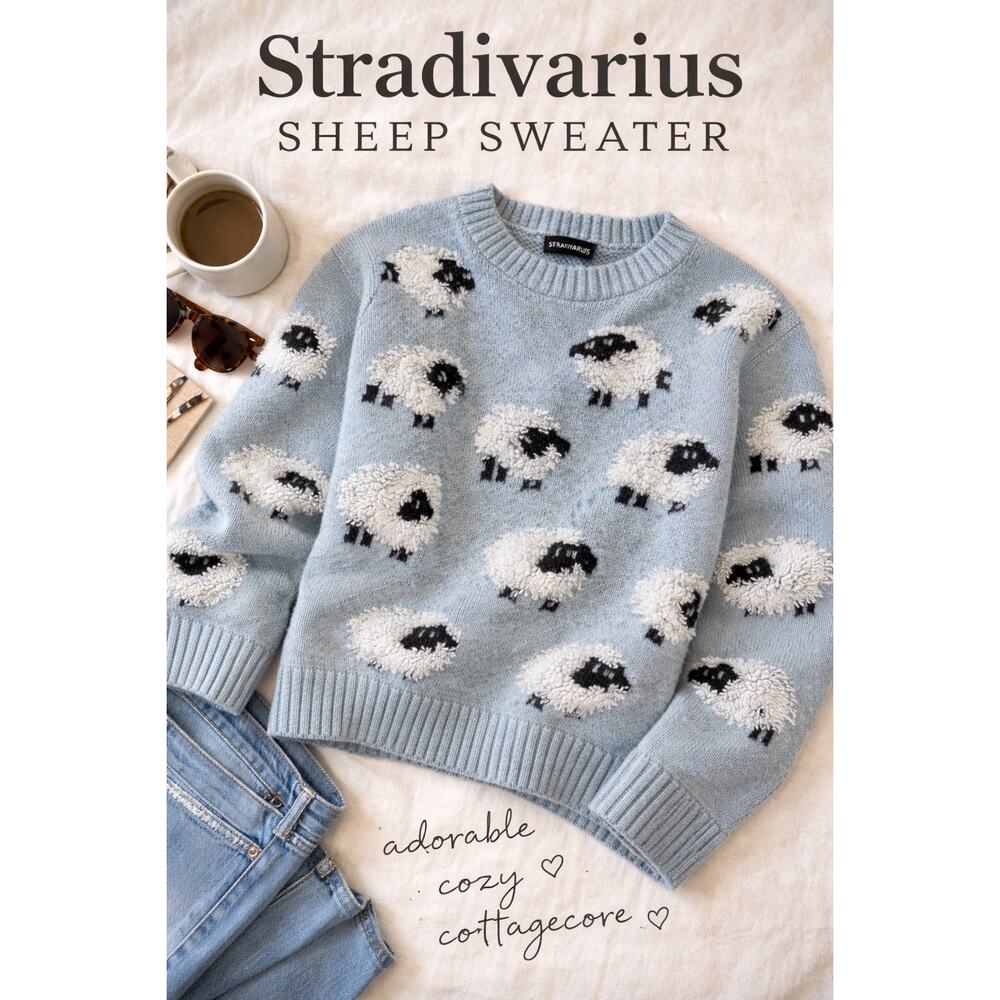 Stradivarius Sheep Sweater Light Blue Boucle Knit Cozy Cottagecore Size S